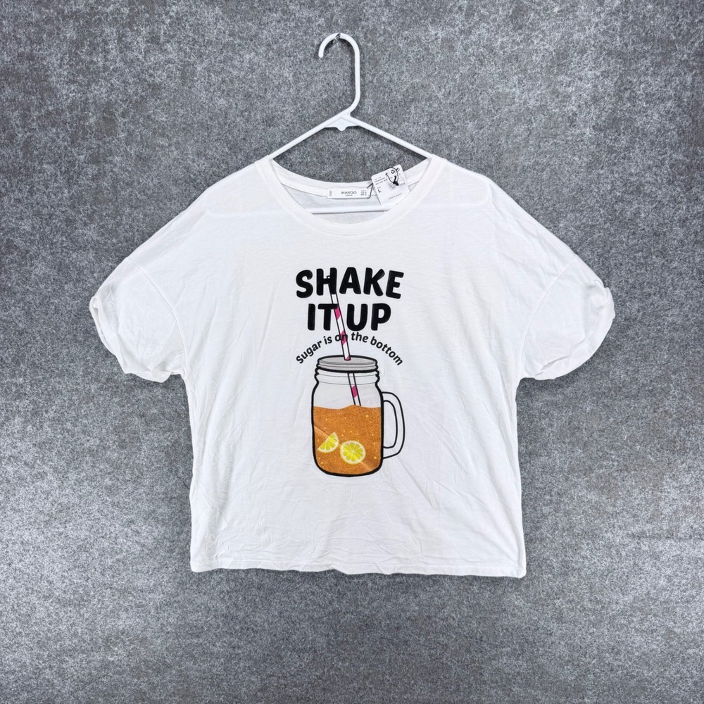 Mango Women's L White Shake It Up Graphic Cropped T-Shirt Cotton Modal NWT